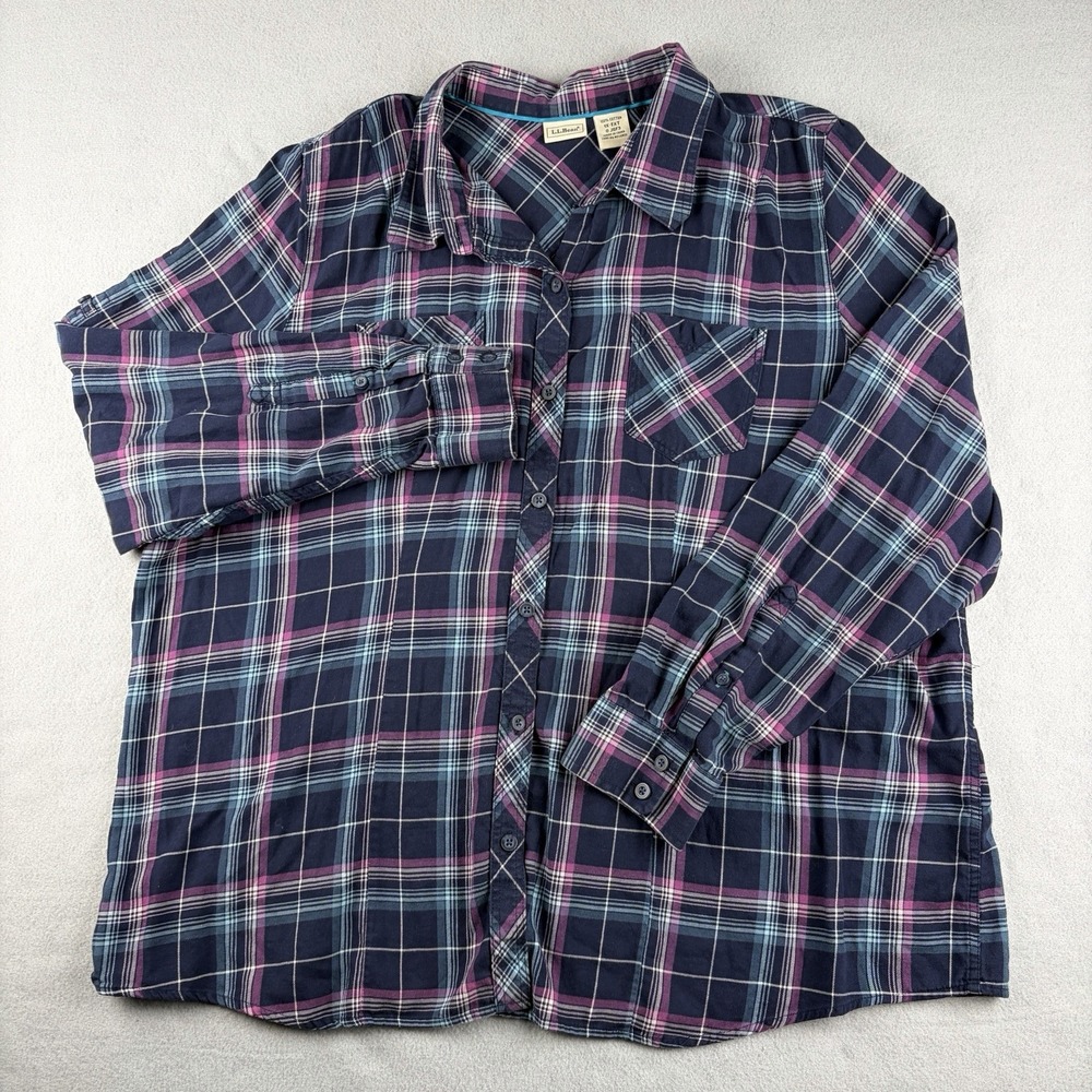 L.L.Bean Women's Plaid Flannel Shirt 1X-EXT Cotton Button Up Long Sleeve